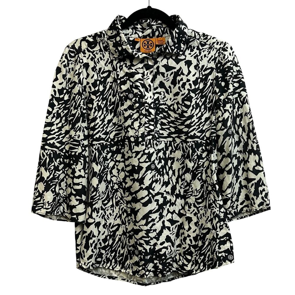 Tory Burch Black & White 100% Silk Double T Logo Tunic Shirt Size 6